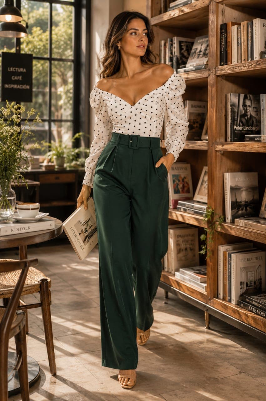 Mujer con blusa de lunares y pantalón verde de tiro alto caminando en una librería